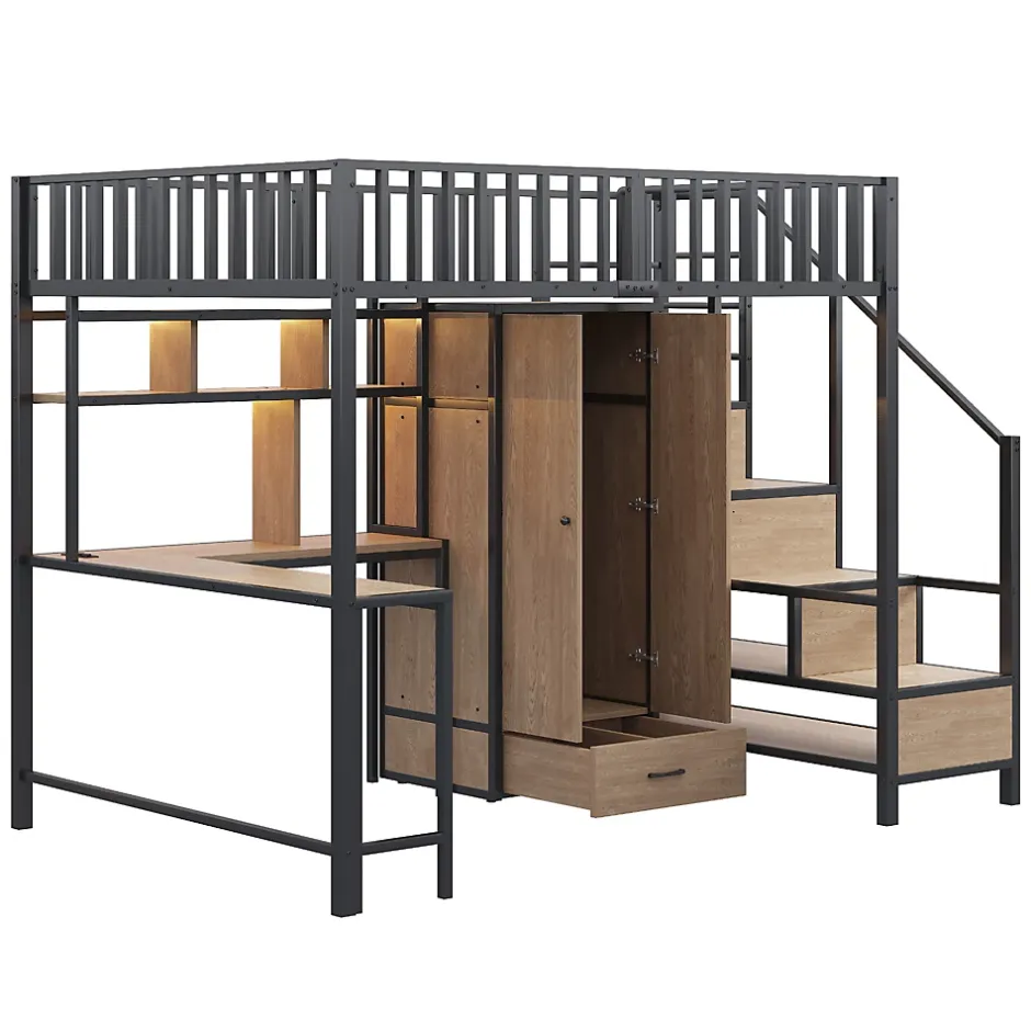 ModernLuxe Lit mezzanine en métal 140x200 cm avec LED - avec étagères - armoire+tiroir - échelle de rangement - noir (sans matelas)