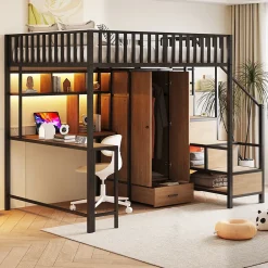 ModernLuxe Lit mezzanine en métal 140x200 cm avec LED - avec étagères - armoire+tiroir - échelle de rangement - noir (sans matelas)