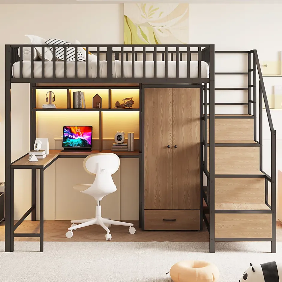 ModernLuxe Lit mezzanine en métal 140x200 cm avec LED - avec étagères - armoire+tiroir - échelle de rangement - noir (sans matelas)