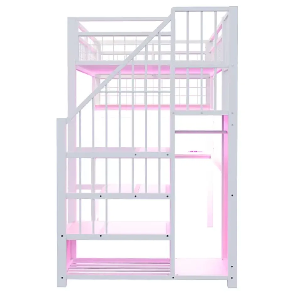 ModernLuxe Lit mezzanine en métal 90x200 cm avec LED - prise de recharge - échelle de rangement - étagères et bureau - blanc (sans matelas) Outlet