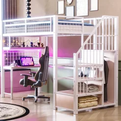 ModernLuxe Lit mezzanine en métal 90x200 cm avec LED - prise de recharge - échelle de rangement - étagères et bureau - blanc (sans matelas) Outlet