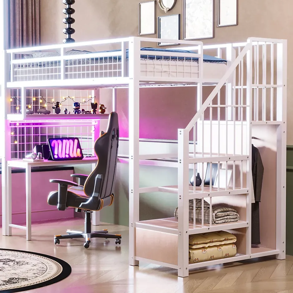 ModernLuxe Lit mezzanine en métal 90x200 cm avec LED - prise de recharge - échelle de rangement - étagères et bureau - blanc (sans matelas) Outlet