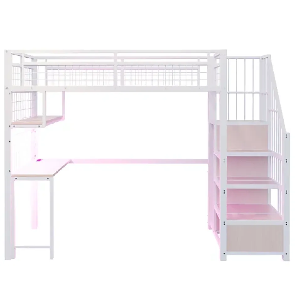 ModernLuxe Lit mezzanine en métal 90x200 cm avec LED - prise de recharge - échelle de rangement - étagères et bureau - blanc (sans matelas) Outlet