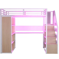 ModernLuxe Lit mezzanine en métal 90x200 cm avec armoire et bureau - avec LED - compartiments de rangement - blanc (sans matelas)