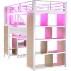 ModernLuxe Lit mezzanine en métal 90x200 cm avec armoire et bureau - avec LED - compartiments de rangement - blanc (sans matelas)
