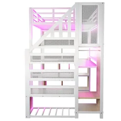 ModernLuxe Lit mezzanine en métal 90x200 cm avec armoire et bureau - avec LED - compartiments de rangement - blanc (sans matelas)