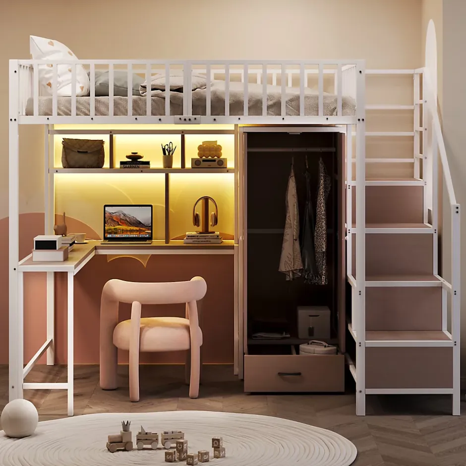 ModernLuxe Lit mezzanine en métal 140x200 cm avec LED - avec étagères - armoire+tiroir - échelle de rangement - blanc (sans matelas) Online