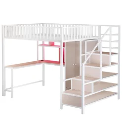 ModernLuxe Lit mezzanine en métal 140x200 cm avec LED - avec étagères - armoire+tiroir - échelle de rangement - blanc (sans matelas) Online
