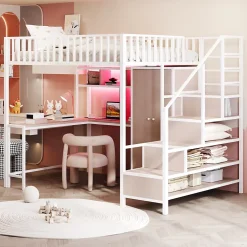 ModernLuxe Lit mezzanine en métal 140x200 cm avec LED - avec étagères - armoire+tiroir - échelle de rangement - blanc (sans matelas) Online