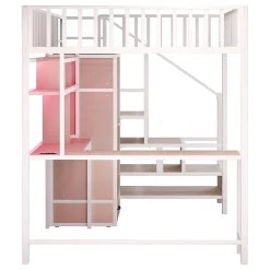ModernLuxe Lit mezzanine en métal 140x200 cm avec LED - avec étagères - armoire+tiroir - échelle de rangement - blanc (sans matelas) Online