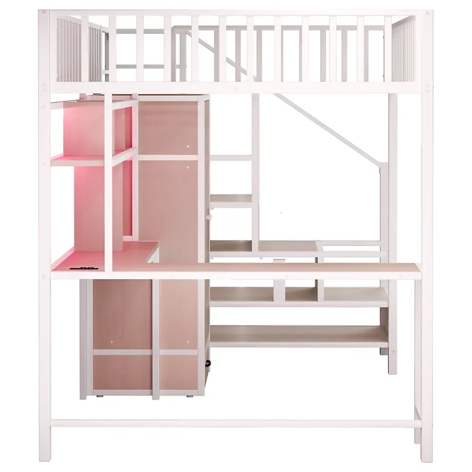 ModernLuxe Lit mezzanine en métal 140x200 cm avec LED - avec étagères - armoire+tiroir - échelle de rangement - blanc (sans matelas) Online