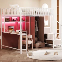 ModernLuxe Lit mezzanine en métal 140x200 cm avec LED - avec étagères - armoire+tiroir - échelle de rangement - blanc (sans matelas) Online