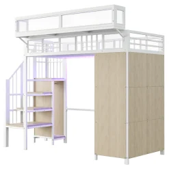 ModernLuxe Lit mezzanine en métal 90x200cm avec armoire - échelle de sécurité - avec LED - barrières de sécurité - blanc (sans matelas)