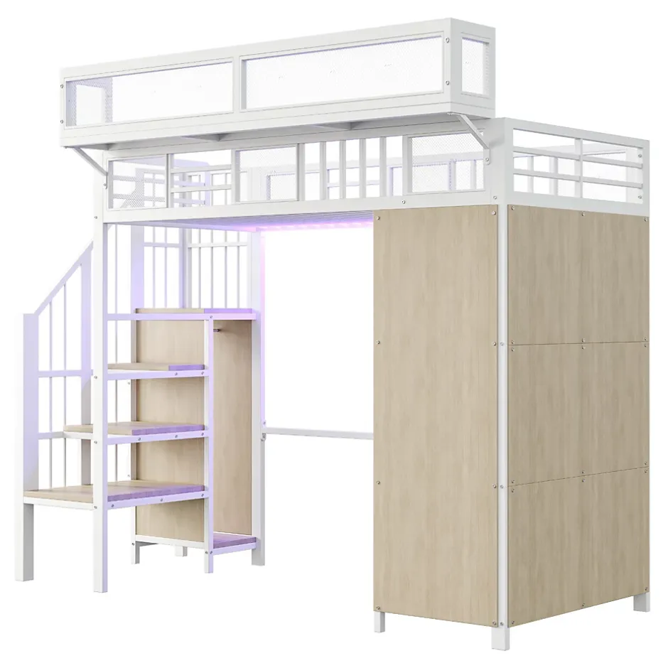 ModernLuxe Lit mezzanine en métal 90x200cm avec armoire - échelle de sécurité - avec LED - barrières de sécurité - blanc (sans matelas)