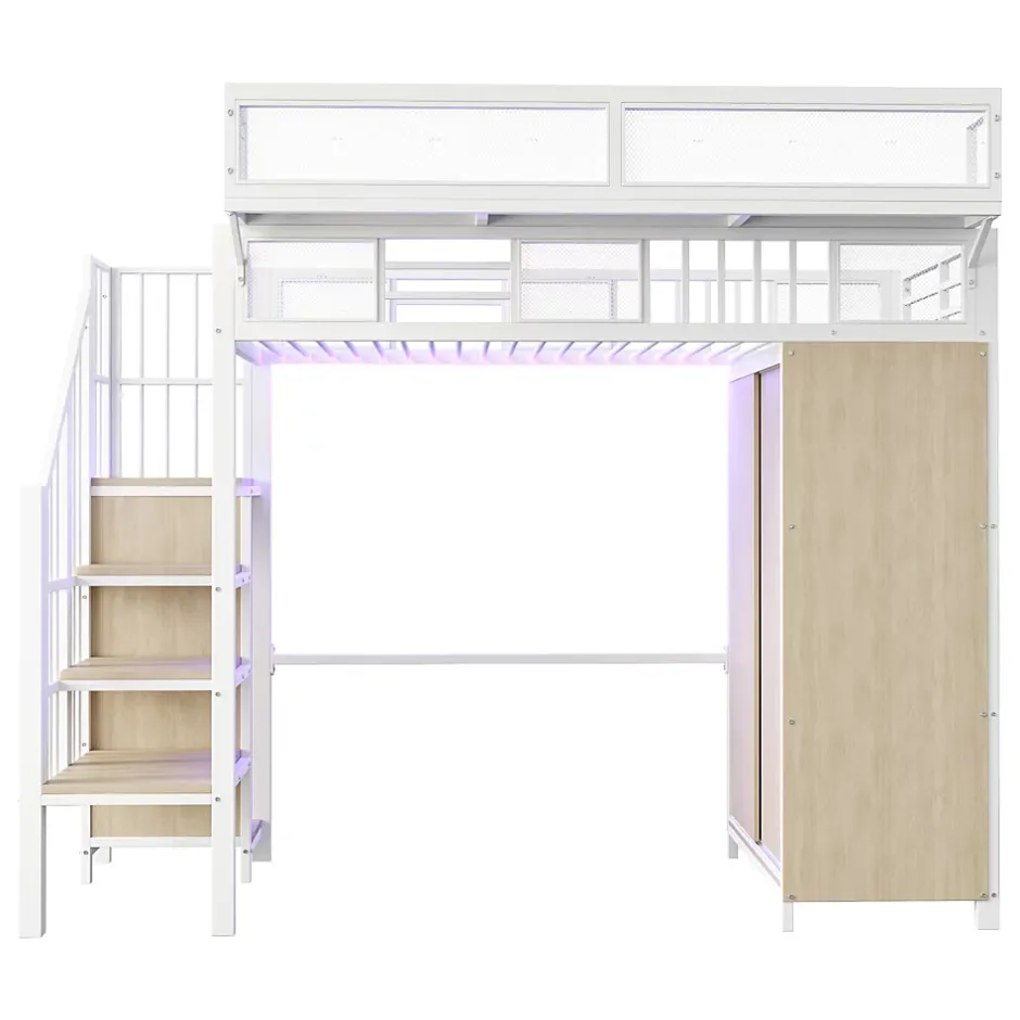 ModernLuxe Lit mezzanine en métal 90x200cm avec armoire - échelle de sécurité - avec LED - barrières de sécurité - blanc (sans matelas)