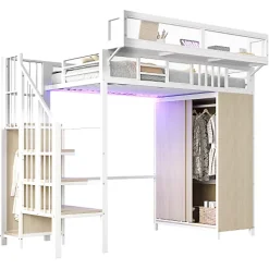 ModernLuxe Lit mezzanine en métal 90x200cm avec armoire - échelle de sécurité - avec LED - barrières de sécurité - blanc (sans matelas)