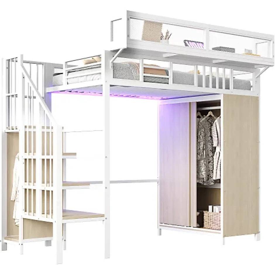 ModernLuxe Lit mezzanine en métal 90x200cm avec armoire - échelle de sécurité - avec LED - barrières de sécurité - blanc (sans matelas)