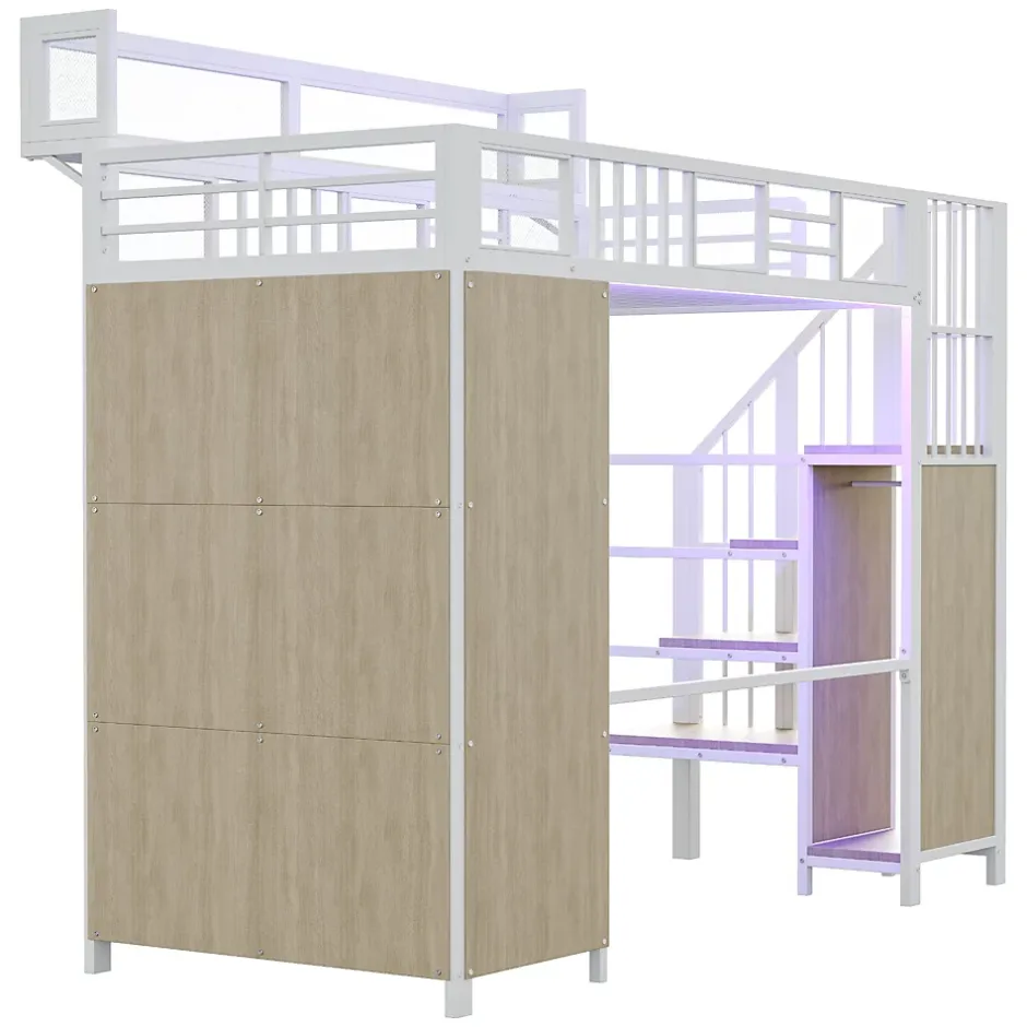 ModernLuxe Lit mezzanine en métal 90x200cm avec armoire - échelle de sécurité - avec LED - barrières de sécurité - blanc (sans matelas)