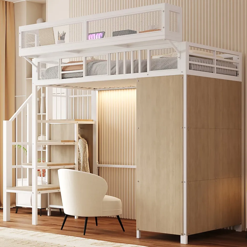 ModernLuxe Lit mezzanine en métal 90x200cm avec armoire - échelle de sécurité - avec LED - barrières de sécurité - blanc (sans matelas)