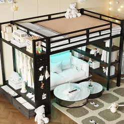 ModernLuxe Lit mezzanine en métal 140x200cm avec LED - Armoire ouverte et 2 tiroirs - Étagères+panneaux de rangement - Noir (sans matelas)