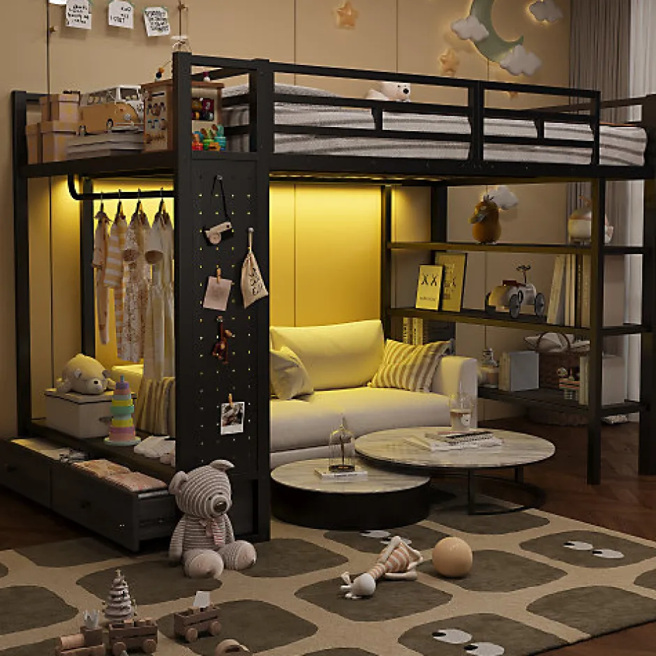 ModernLuxe Lit mezzanine en métal 140x200cm avec LED - Armoire ouverte et 2 tiroirs - Étagères+panneaux de rangement - Noir (sans matelas)