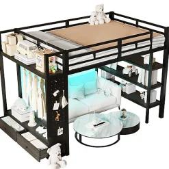 ModernLuxe Lit mezzanine en métal 140x200cm avec LED - Armoire ouverte et 2 tiroirs - Étagères+panneaux de rangement - Noir (sans matelas)
