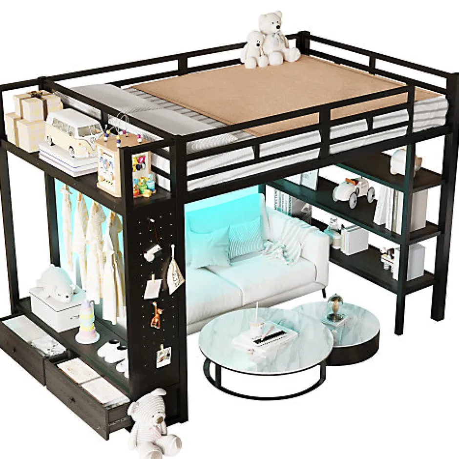 ModernLuxe Lit mezzanine en métal 140x200cm avec LED - Armoire ouverte et 2 tiroirs - Étagères+panneaux de rangement - Noir (sans matelas)