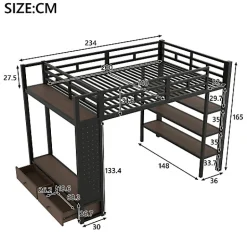 ModernLuxe Lit mezzanine en métal 140x200cm avec LED - Armoire ouverte et 2 tiroirs - Étagères+panneaux de rangement - Noir (sans matelas)