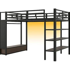 ModernLuxe Lit mezzanine en métal 140x200cm avec LED - Armoire ouverte et 2 tiroirs - Étagères+panneaux de rangement - Noir (sans matelas)