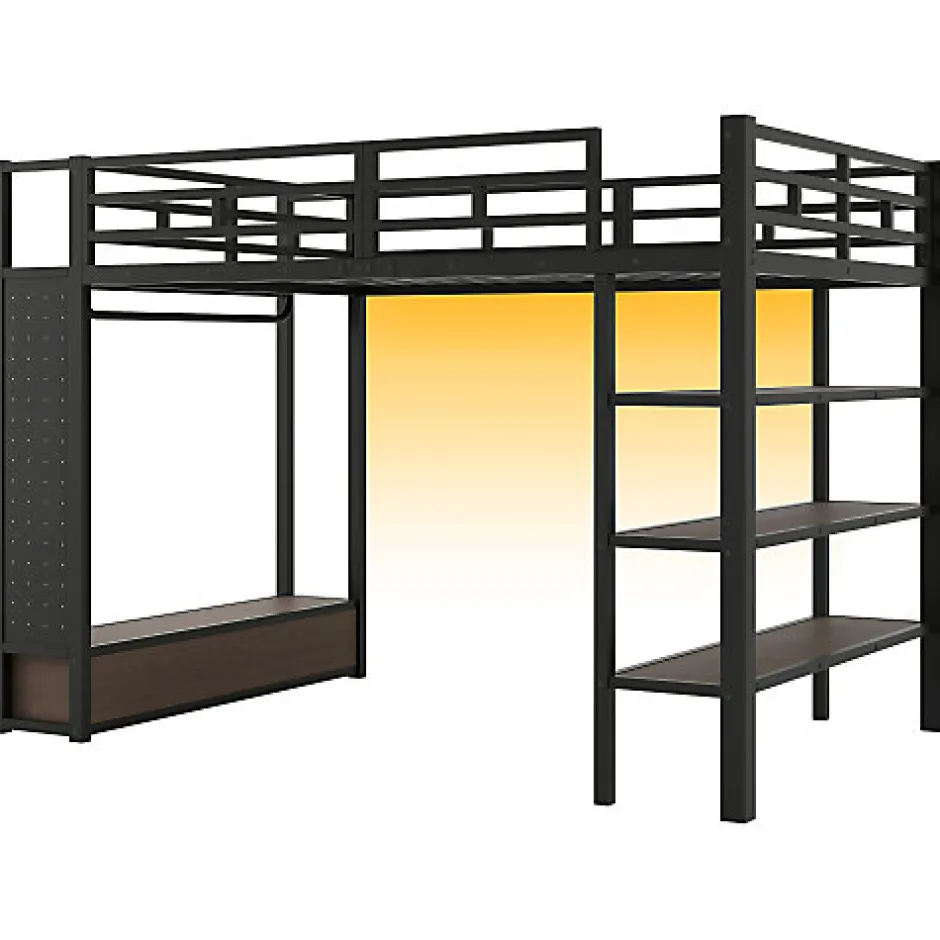 ModernLuxe Lit mezzanine en métal 140x200cm avec LED - Armoire ouverte et 2 tiroirs - Étagères+panneaux de rangement - Noir (sans matelas)