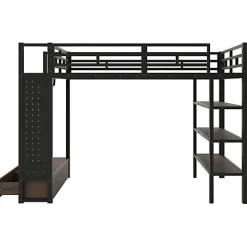 ModernLuxe Lit mezzanine en métal 140x200cm avec LED - Armoire ouverte et 2 tiroirs - Étagères+panneaux de rangement - Noir (sans matelas)