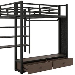 ModernLuxe Lit mezzanine en métal 140x200cm avec LED - Armoire ouverte et 2 tiroirs - Étagères+panneaux de rangement - Noir (sans matelas)
