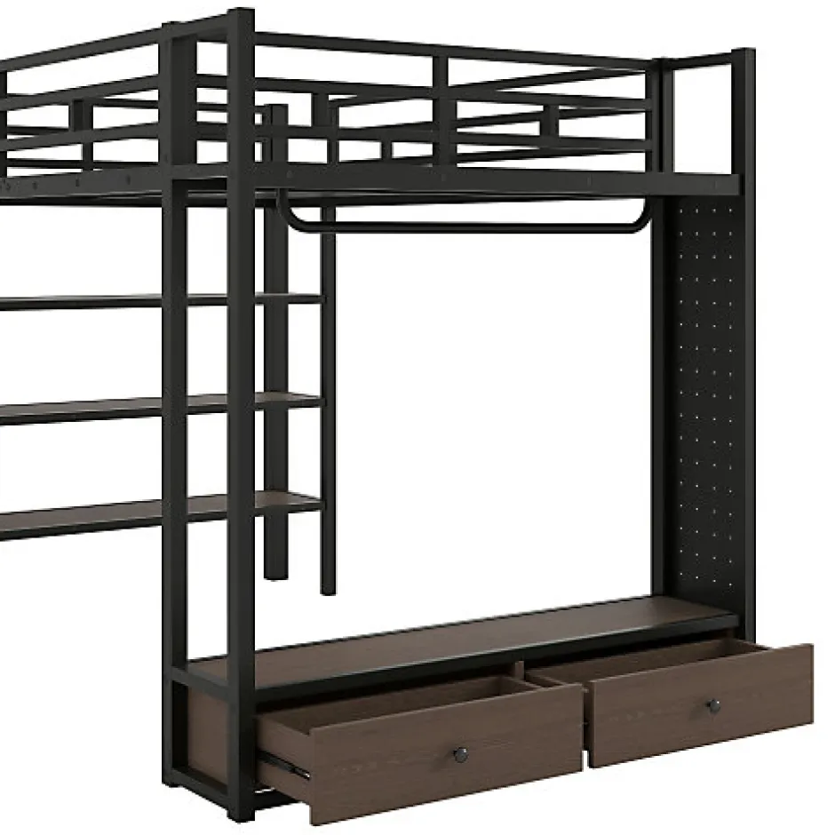 ModernLuxe Lit mezzanine en métal 140x200cm avec LED - Armoire ouverte et 2 tiroirs - Étagères+panneaux de rangement - Noir (sans matelas)