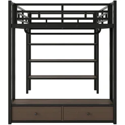 ModernLuxe Lit mezzanine en métal 140x200cm avec LED - Armoire ouverte et 2 tiroirs - Étagères+panneaux de rangement - Noir (sans matelas)