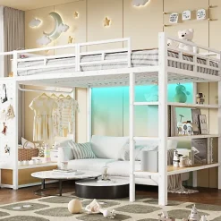 ModernLuxe Lit mezzanine en métal 140x200cm avec LED - Armoire ouverte et 2 tiroirs - Étagères+panneaux de rangement - Blanc (sans matelas) Hot