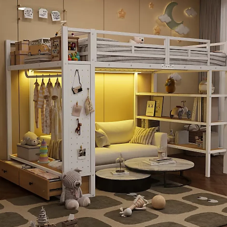 ModernLuxe Lit mezzanine en métal 140x200cm avec LED - Armoire ouverte et 2 tiroirs - Étagères+panneaux de rangement - Blanc (sans matelas) Hot