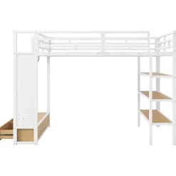 ModernLuxe Lit mezzanine en métal 140x200cm avec LED - Armoire ouverte et 2 tiroirs - Étagères+panneaux de rangement - Blanc (sans matelas) Hot
