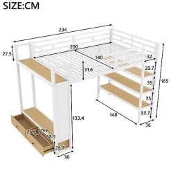 ModernLuxe Lit mezzanine en métal 140x200cm avec LED - Armoire ouverte et 2 tiroirs - Étagères+panneaux de rangement - Blanc (sans matelas) Hot