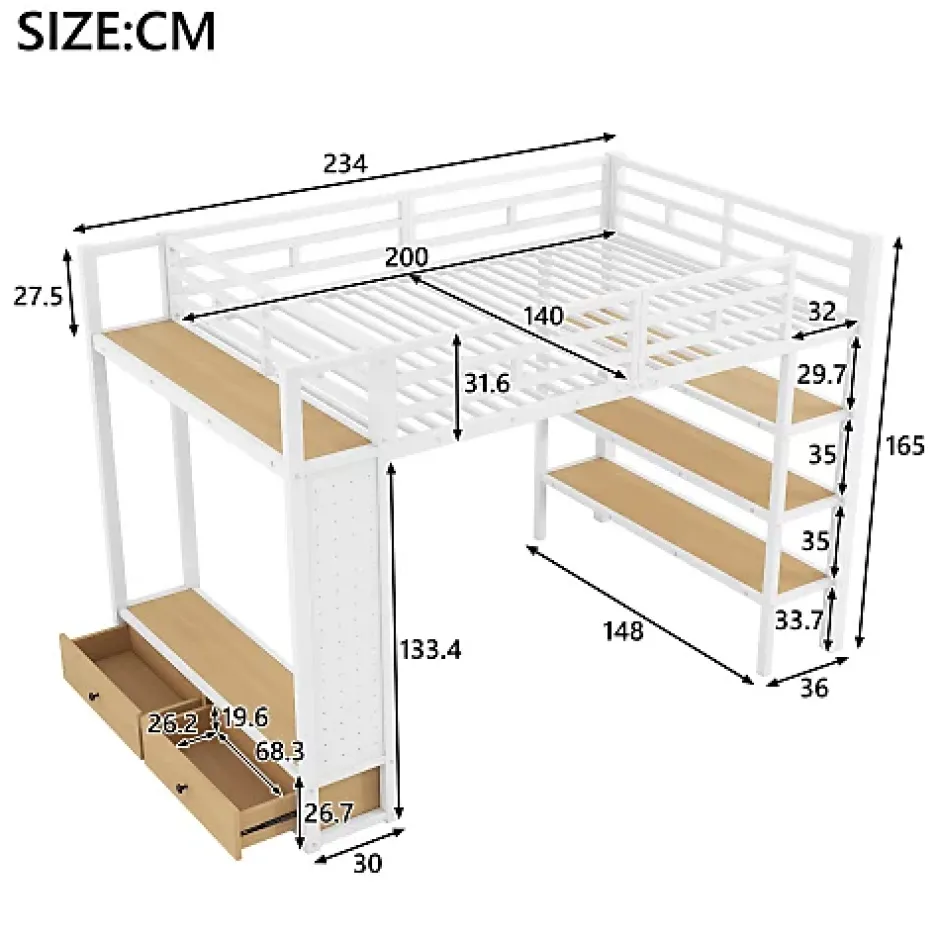 ModernLuxe Lit mezzanine en métal 140x200cm avec LED - Armoire ouverte et 2 tiroirs - Étagères+panneaux de rangement - Blanc (sans matelas) Hot
