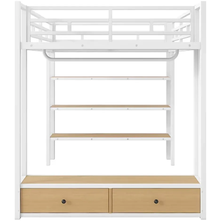 ModernLuxe Lit mezzanine en métal 140x200cm avec LED - Armoire ouverte et 2 tiroirs - Étagères+panneaux de rangement - Blanc (sans matelas) Hot