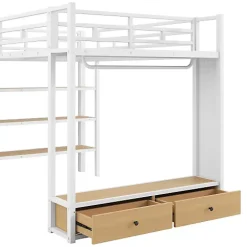 ModernLuxe Lit mezzanine en métal 140x200cm avec LED - Armoire ouverte et 2 tiroirs - Étagères+panneaux de rangement - Blanc (sans matelas) Hot