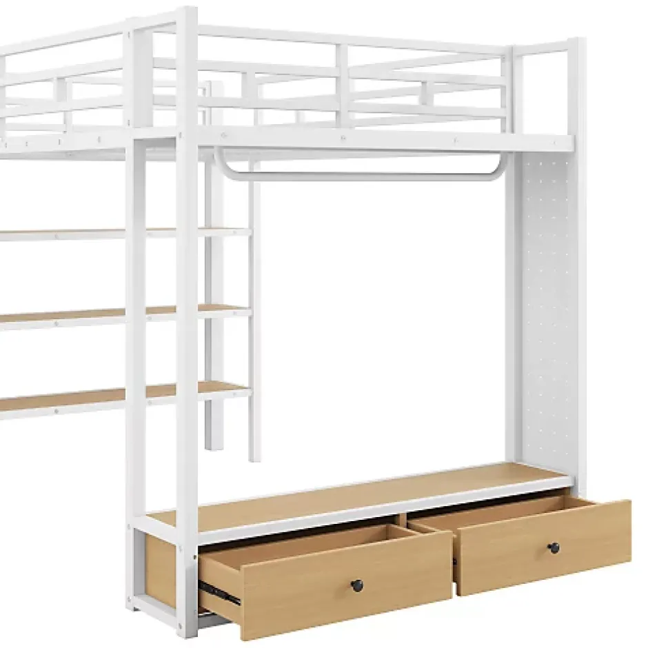 ModernLuxe Lit mezzanine en métal 140x200cm avec LED - Armoire ouverte et 2 tiroirs - Étagères+panneaux de rangement - Blanc (sans matelas) Hot