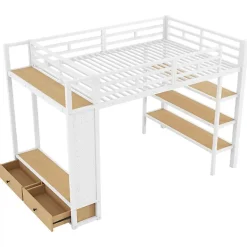 ModernLuxe Lit mezzanine en métal 140x200cm avec LED - Armoire ouverte et 2 tiroirs - Étagères+panneaux de rangement - Blanc (sans matelas) Hot