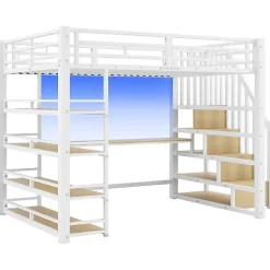 ModernLuxe Lit mezzanine en métal 140x200cm - Avec bureau et compartiments de rangement - Avec LED et port USB - MDF - Blanc (sans matelas) Online