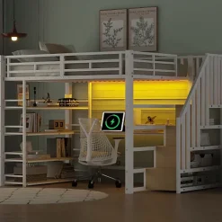 ModernLuxe Lit mezzanine en métal 140x200cm - Avec bureau et compartiments de rangement - Avec LED et port USB - MDF - Blanc (sans matelas) Online