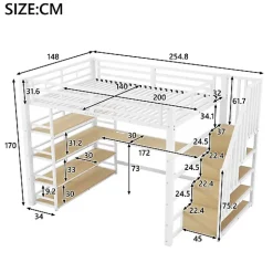 ModernLuxe Lit mezzanine en métal 140x200cm - Avec bureau et compartiments de rangement - Avec LED et port USB - MDF - Blanc (sans matelas) Online
