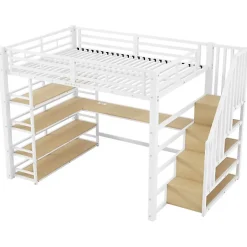 ModernLuxe Lit mezzanine en métal 140x200cm - Avec bureau et compartiments de rangement - Avec LED et port USB - MDF - Blanc (sans matelas) Online