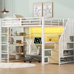 ModernLuxe Lit mezzanine en métal 140x200cm - Avec bureau et compartiments de rangement - Avec LED et port USB - MDF - Blanc (sans matelas) Online