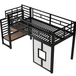 ModernLuxe Lit mezzanine en métal 90x200cm - Avec escalier de rangement - Avec éclairage LED - Design fenêtre - Noir ( sans matelas ) Discount