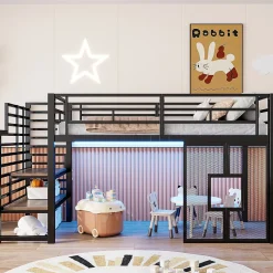 ModernLuxe Lit mezzanine en métal 90x200cm - Avec escalier de rangement - Avec éclairage LED - Design fenêtre - Noir ( sans matelas ) Discount
